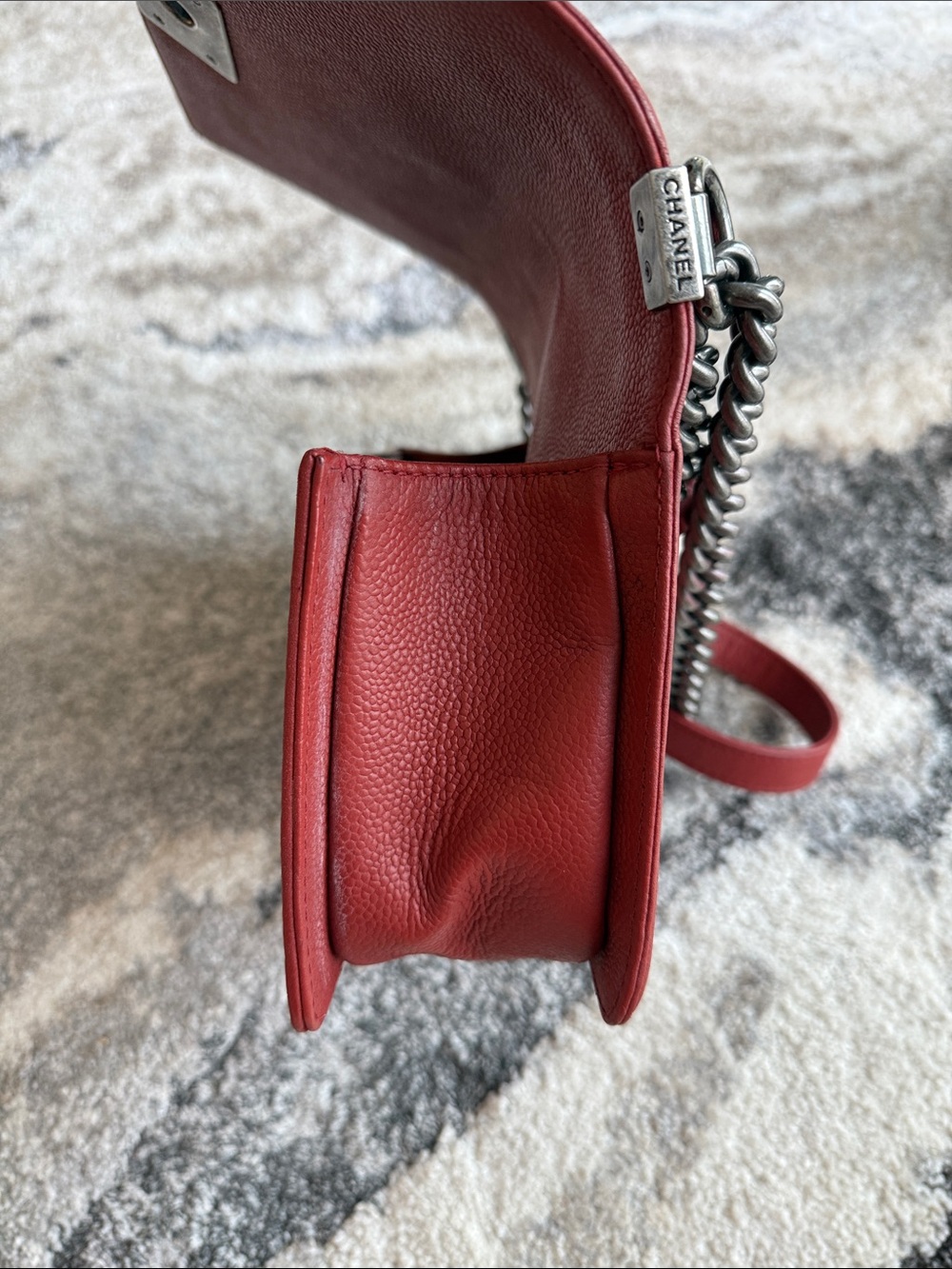 CHANEL Quilted Boy Flap Crossbody in Deep Red with Antique-Silver Hardware - Picture 12 of 16